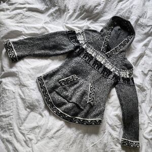 Black and White Hooded Knit Alpaca Wool Sweater with Geometric Alpaca Patterns